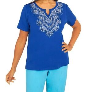 Alfred Dunner Petite Medium Embroidered Split Neck Tee Ocean Blue